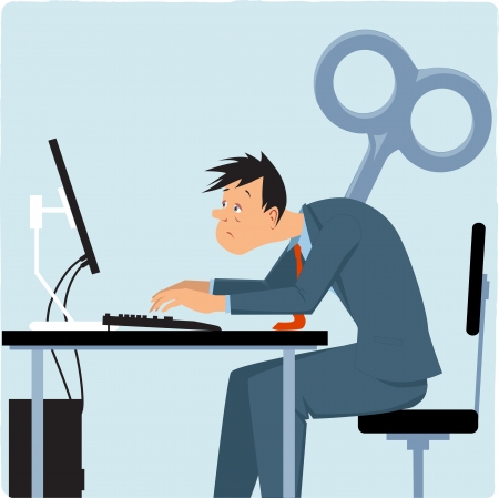 Exhausted male employee working on the computer, giant key sticking into his back illustration のイラスト素材