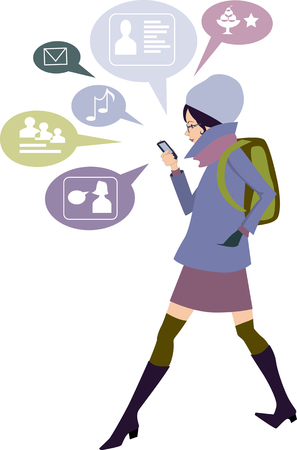 Student girl checking her social network on a smart phone, cartoonのイラスト素材