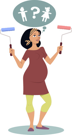 Pregnant woman standing with two panting rollers in her hands, thinking about weather she is having a boy or a girl, choosing a color for the nurseryのイラスト素材