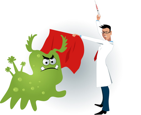 Doctor taming a virus with a vaccine shotのイラスト素材