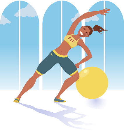 Female fitness instructor or personal trainer doing exercise in front of a window, fitness ball behind herのイラスト素材