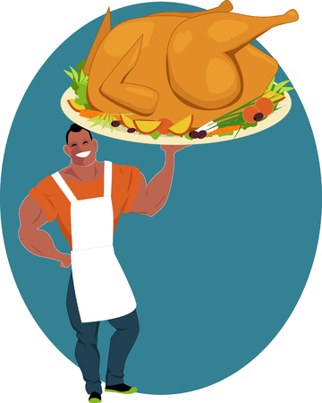 Smiling muscular man holding a huge roasted turkey on a platter with vegetables, vector cartoonのイラスト素材