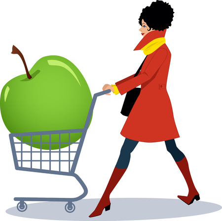 Pretty woman in red coat pushing a shopping cart with a huge green apple in it, vector cartoonのイラスト素材