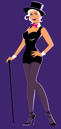 Sexy young woman in a chorus line outfit, top hat and with a cane standing on a purple backgroundのイラスト素材