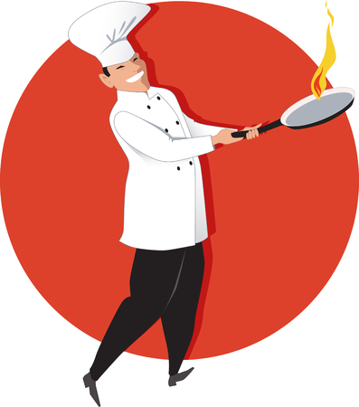 Asian chef with a flaming skillet, vector illustrationのイラスト素材