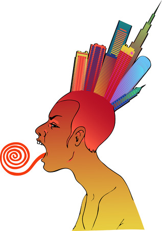 Female profile with twisted tongue stuck out and colorful cityscape on he head, concept illustrationのイラスト素材