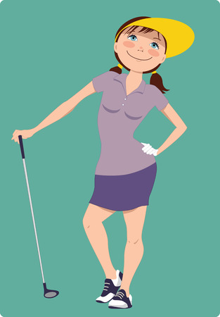 Cute cartoon golfer girl standing with a golf club, vector illustrationのイラスト素材