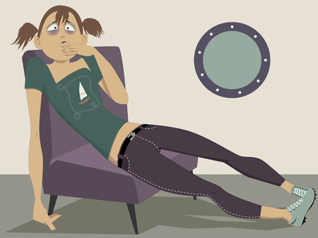 Young woman sitting at the window feeling nauseated from motion sickness, vector cartoonのイラスト素材