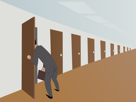 Businessman in an endless hallway picking into one of many doorのイラスト素材