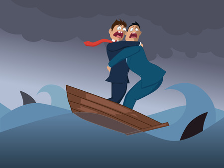 Two terrified businessmen in one boat crossing a stormy sea with sharksのイラスト素材