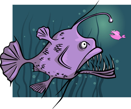 Predator and prey  Angler fish lures a little fish, vector illustrationのイラスト素材