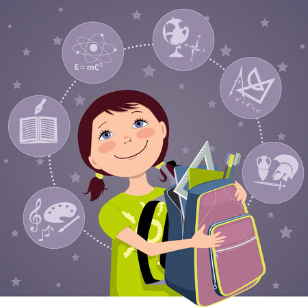 Cartoon school girl with a backpack, filled with school tools, school subjects icons on the backgroundのイラスト素材