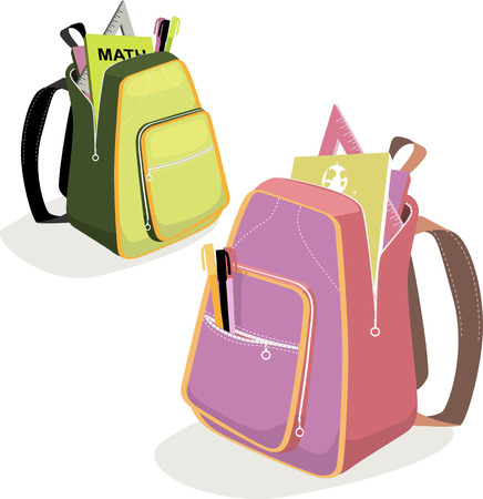 Two open school backpacks for boys and girls with tools and books, vector illustrationのイラスト素材