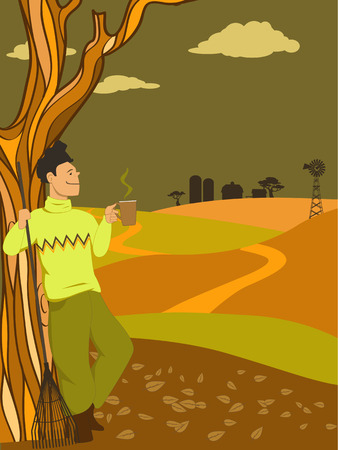 Man taking a break from raking leaves, drinking a hot beverage, looking at a countryside view, vector illustration, no transparencies のイラスト素材