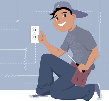 Smiling cartoon character kneeling near the wall with an electric socketのイラスト素材