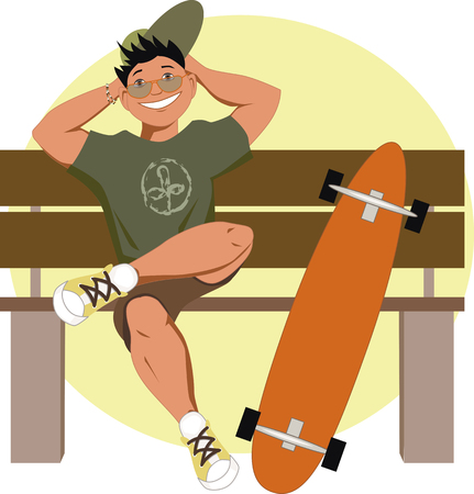 Young smiling man with a longboard sitting on a bench, vector cartoonのイラスト素材