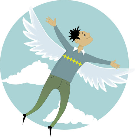 Creativity. Young cartoon man with wings flying in the sky, circular background, vector illustrationのイラスト素材
