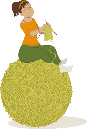 Cute cartoon woman knitting, sitting on a huge ball of yarnのイラスト素材