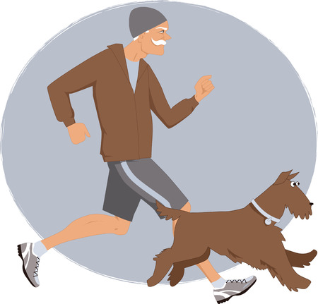 Energetic senior man jogging with his Airedale terrier dog, vector illustrationのイラスト素材