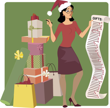 Stressed woman in a Santa hat crossing out names from a long Christmas shopping list, pile of gifts at her feet, vector cartoon