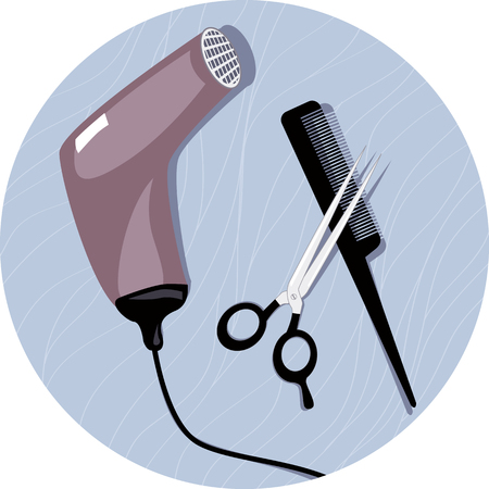 Hairdresser tools. Realistic vector illustration of a hair dryer, professional scissors and a comb on a circle background, vector illustration, no transparenciesのイラスト素材