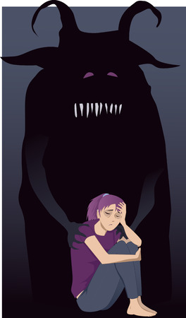 Depressed teenage girl and a monsterのイラスト素材
