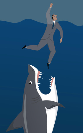 Shark attacks a drowning businessman, vector illustrationのイラスト素材