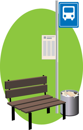 A bus stop with a bench, sign with a schedule and a trash can, vector illustrationのイラスト素材