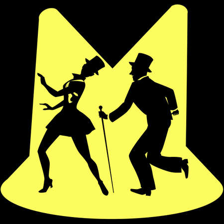Black silhouette of a tap dancing couple in top-hats under spotlights, EPS 8のイラスト素材