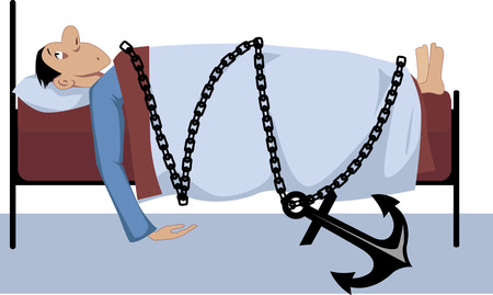 Man lying in bed, chained to it with a giant anchor lying on the floor, as a metaphor for illness or luck of energy, vector illustration, no transparencies, のイラスト素材