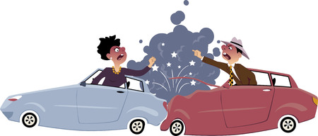 Traffic collision with one car rear-ended another, male and female drivers screaming and gesturing at each other, smoke and sparkles coming from damages vehicles, vector illustration, no transparenciesのイラスト素材