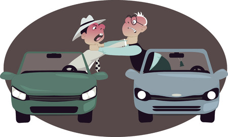 Two angry motorists strangling each other, leaning out of their cars, vector cartoon, no transparenciesのイラスト素材