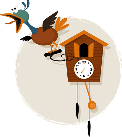 Funny mechanical bird emerging from a striking  antique cuckoo clock vector cartoon no transparencies EPS 8