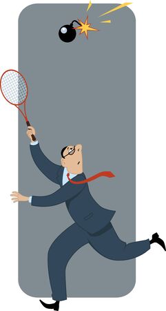Businessman playing badminton with a bomb with burning fuse metaphor for risk in business vector illustrationのイラスト素材