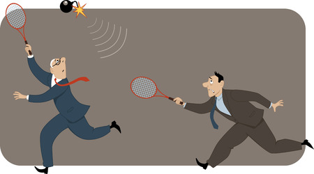 Two businessmen playing badminton with a bomb with flaming fuse vector illustration no transparencies EPS 8のイラスト素材