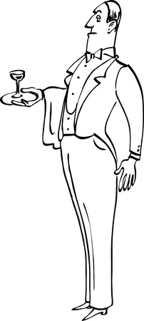Snobbish English butler of a waiter with a glass on a tray vector illustration based on line art...