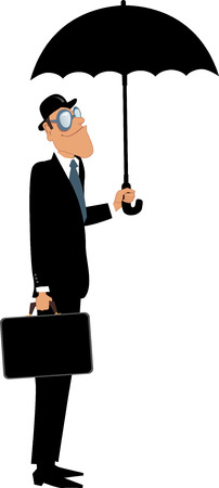 Man in a bowler hat and suit holding a briefcase standing under an umbrella vector character isolated on whiteのイラスト素材