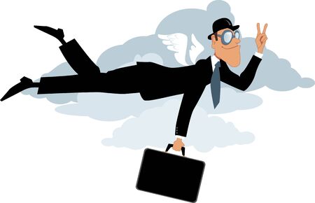 Businessman in bowler hat and with a briefcase flying in the sky flashing a victory sign vector illustrationのイラスト素材