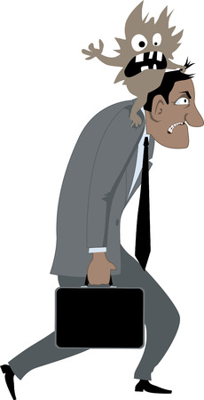 Angry man carrying a crazy little demon on his back as a metaphor for personality issues vector illustration のイラスト素材
