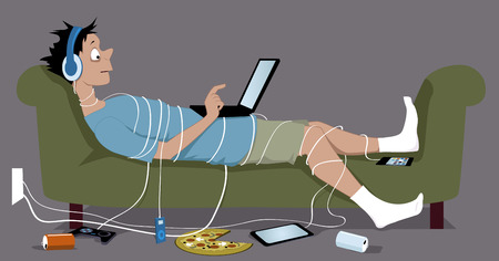 Young guy addicted to internet lying on a couch tangled up in cables from his many gadgets a laptop sitting on his stomach pizza and empty soda cans lying on the floor vector illustration no transparencies EPS 8