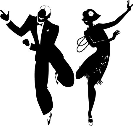 Black vector silhouette of a couple dressed in 1920s fashion dancing the Charleston no white objects EPS 8のイラスト素材