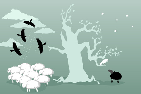 Friendship. Flock of cows hovering over a herd of sheep on the other side of the tree a black sheep talking to a white crow vector illustration no transparencies EPS 8のイラスト素材