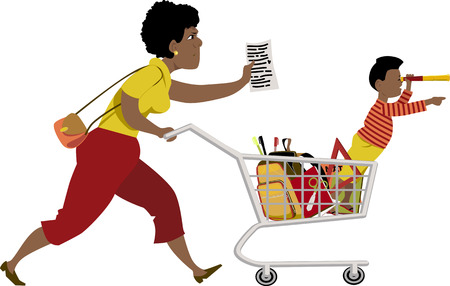 Stressed mother with a list shops for school supplies a little kid sitting in her shopping cart vector illustration no transparencies EPS 8 isolated on whiteのイラスト素材