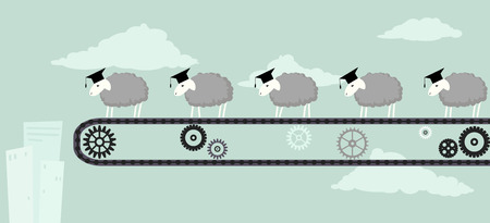 Sheep in academic graduation caps standing on a conveyor belt moving toward the abyss vector illustration EPS 8のイラスト素材