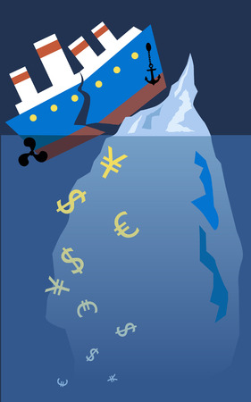 Financial Titanic. A steam boat hit an iceberg and broke onto halves, currency symbols sinking under it, vector illustration, no transparencies, EPS 8のイラスト素材