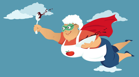 Senior woman in a superhero cape and a mask flying with a bowl of chocolate cake butter or pudding in her handsのイラスト素材