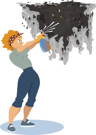 Woman spraying a mold monster on the wall from the spray bottle, removing the fungus infestation, vector illustration, EPS 8, no transparenciesのイラスト素材