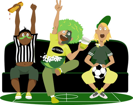 Three young guys watching a soccer game on TV, cheering, vector illustration, no transparencies のイラスト素材