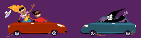 Careless couple with a bottle of liquor driving, about to collide with a grim reaper in another car, vector cartoon, no transparencies のイラスト素材