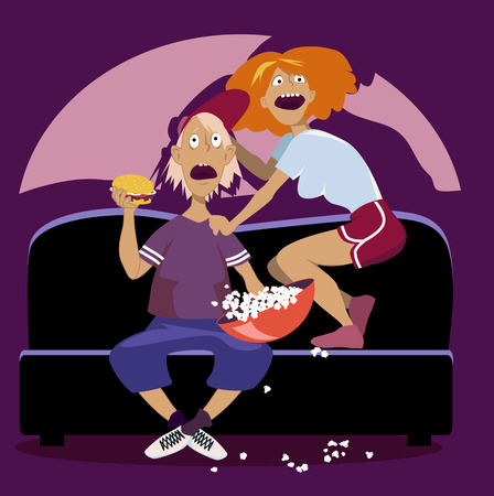 Teenage boy and girl watching a scary movie sitting on a couch with popcorn and a burger, both screaming, のイラスト素材